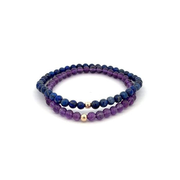 Lapis Lazuli & Amethyst Gemstone Stretch Bracelet with 14K Gold Accent Bead Hand - Picture 1 of 7